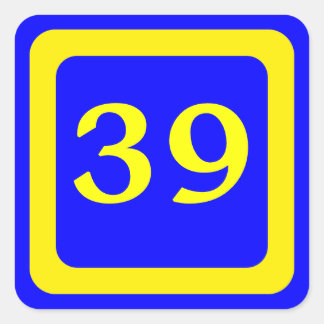 number 39, blue background, yellow frame square sticker