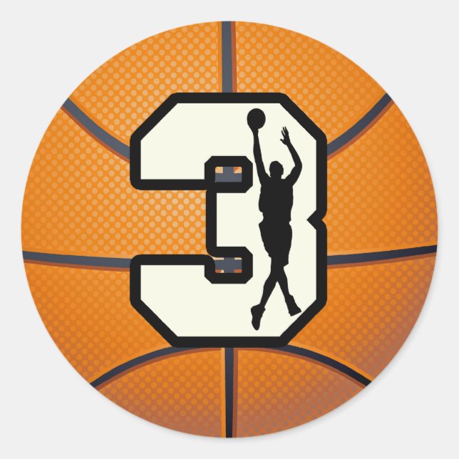 Number 3 Basketball and Player Classic Round Sticker (Front)
