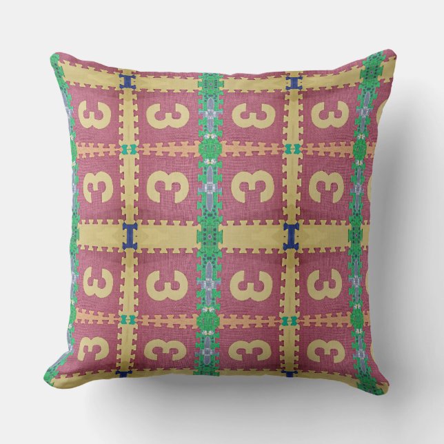 Number 3 on Light Red Square Puzzle Throw Pillow (Front)