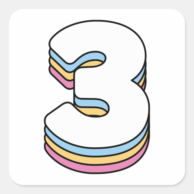 Number 3 Three Cute Rainbow Birthday Numbers Square Sticker (Front)