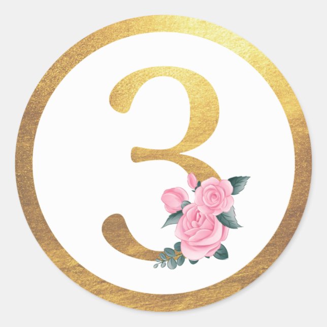 Number 3 Three Pink Roses Floral & Elegant Gold Classic Round Sticker (Front)