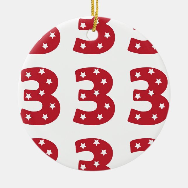 Number 3 - White Stars on Dark Red Ceramic Tree Decoration (Front)