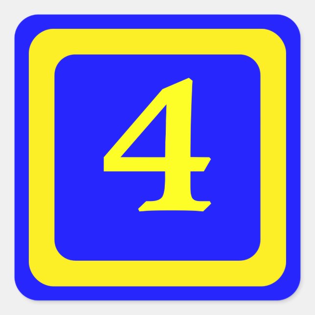 number 4, blue background, yellow frame square sticker (Front)