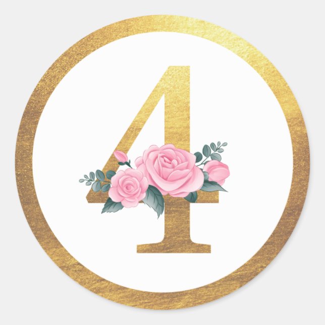 Number 4 Four Pink Roses Floral & Elegant Gold Classic Round Sticker (Front)