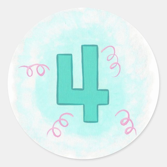 Number 4 in Aqua and Pink Swirls Stickers (Front)