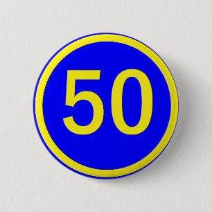 number, 50, in a circle 6 cm round badge