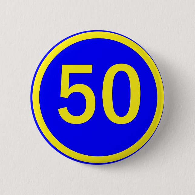 number, 50, in a circle 6 cm round badge (Front)