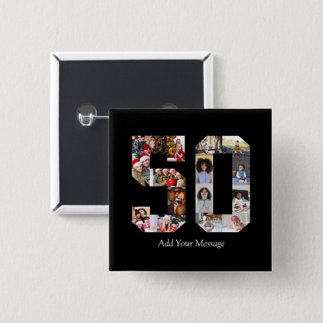 Number 50 Photo Collage 15 Cm Square Badge (Front & Back)