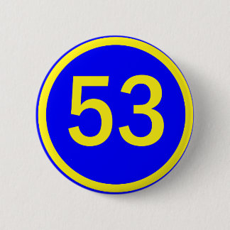 number, 53, in a circle 6 cm round badge