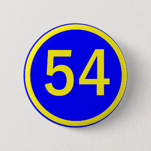 number, 54, in a circle 6 cm round badge