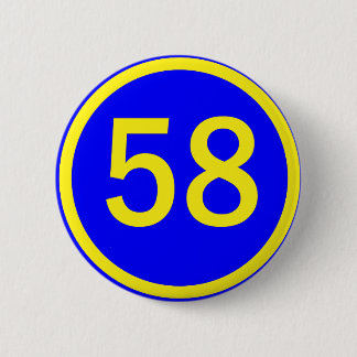 number, 58, in a circle 6 cm round badge