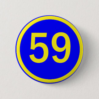 number, 59, in a circle 6 cm round badge