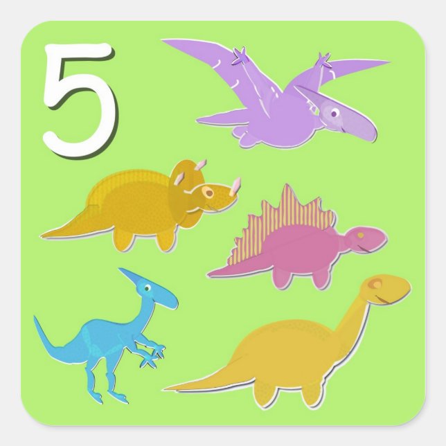 Number 5 Five Dinosaurs Counting Square Sticker (Front)
