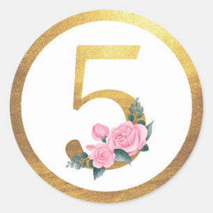 Number 5 Five Pink Roses Floral & Elegant Gold Classic Round Sticker