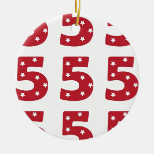 Number 5 - White Stars on Dark Red Ceramic Tree Decoration