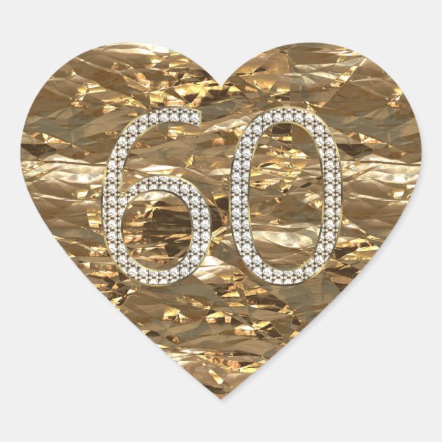 Number 60 Diamond Wedding Heart Shiny Gold Heart Sticker (Front)