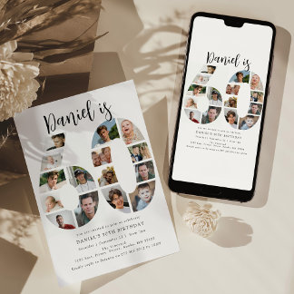 Number 60 Photo Co|lage 60th Birthday Party Invitation