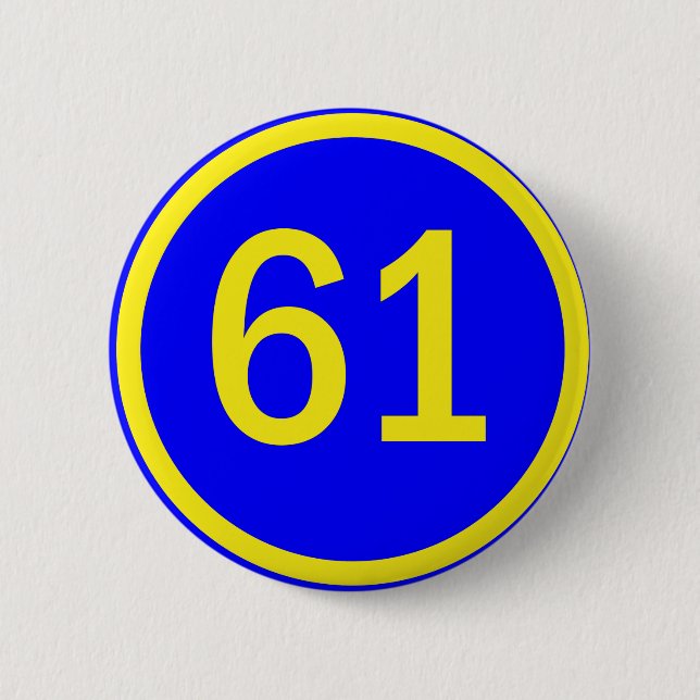 number, 61, in a circle 6 cm round badge (Front)