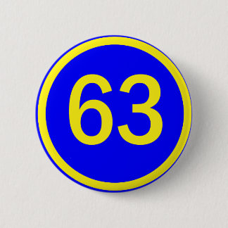 number, 63, in a circle 6 cm round badge