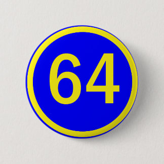 number, 64, in a circle 6 cm round badge