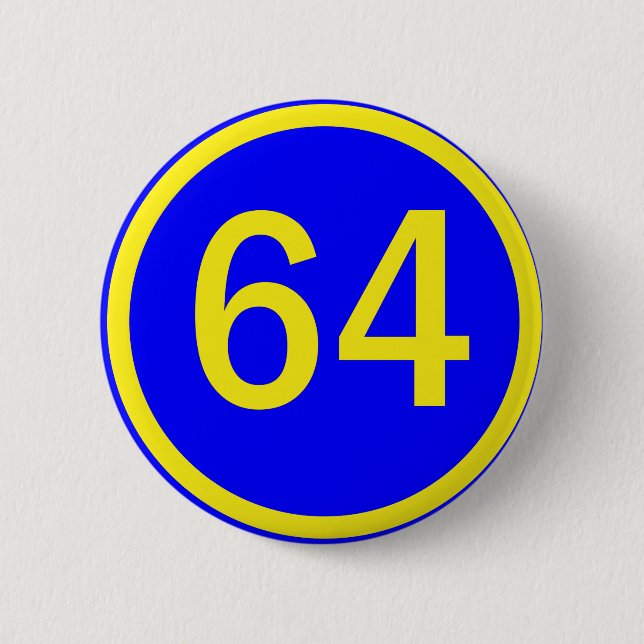 number, 64, in a circle 6 cm round badge (Front)