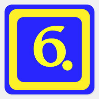 number 6, blue background, yellow frame square sticker