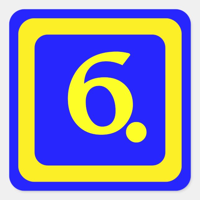 number 6, blue background, yellow frame square sticker (Front)