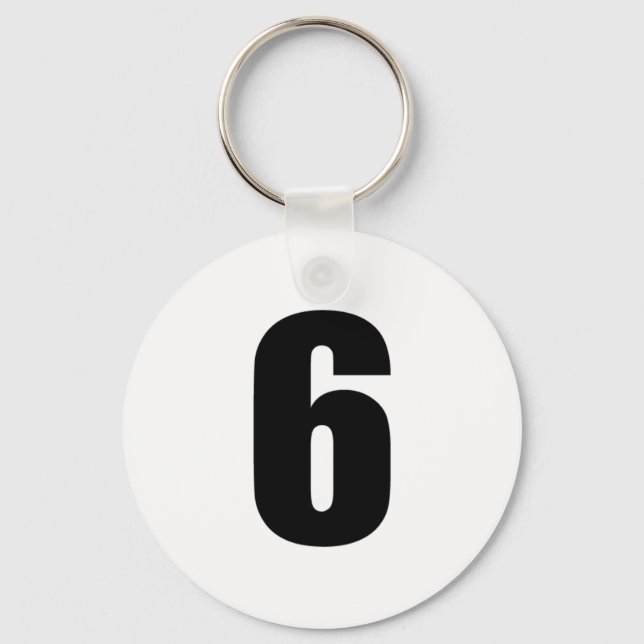 number 6 in black on white button keychain (Front)
