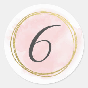 Number 6 Six Monogram Blush Pink Watercolor Gold Classic Round Sticker