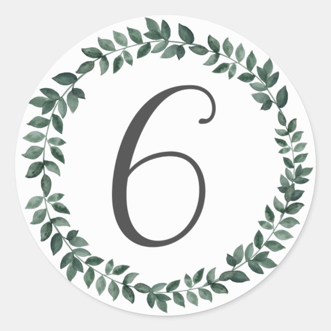 Number 6 Six Monogram Minimalist Botanical Wreath Classic Round Sticker (Front)