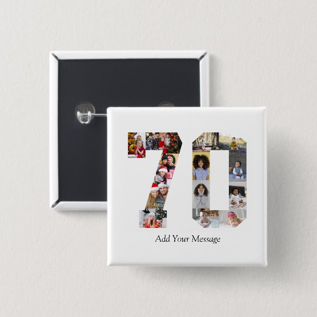Number 70 Photo Collage 15 Cm Square Badge (Front & Back)