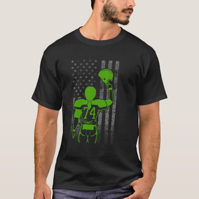 Number 74 Green Female Football Player Flag With H T-Shirt (Front)