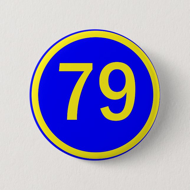 number, 79,  in a circle 6 cm round badge (Front)