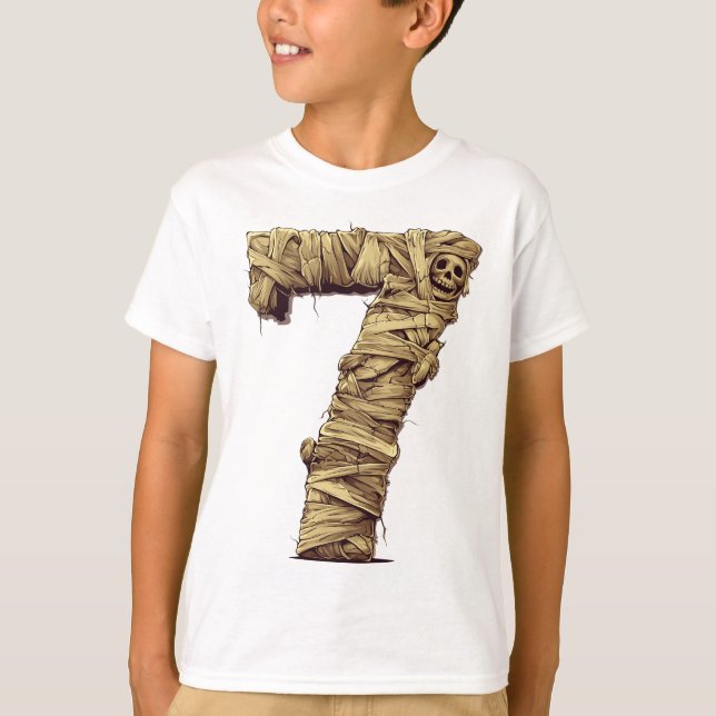 Number 7 Mummy Halloween Theme 7 Year Old Kids T-Shirt (Front)
