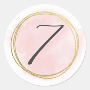 Number 7 Seven Monogram Blush Pink Watercolor Gold Classic Round Sticker