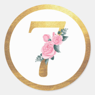 Number 7 Seven Pink Roses Floral & Elegant Gold Classic Round Sticker