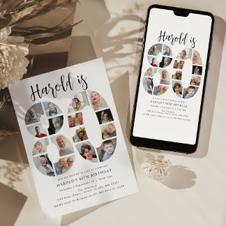 Number 80 Photo Co|lage 80th Birthday Party Invitation
