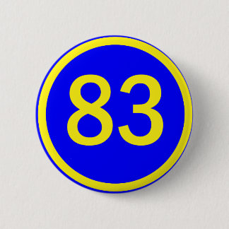 number, 83, in a circle 6 cm round badge