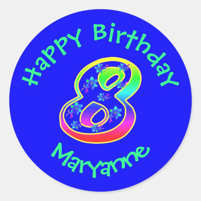 Number 8 Birthday Party Flowers Stickers (Front)