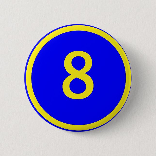 number 8 in a circle 6 cm round badge (Front)