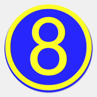 number 8 in a circle, blue background classic round sticker