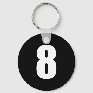 number 8 in white on black button keychain
