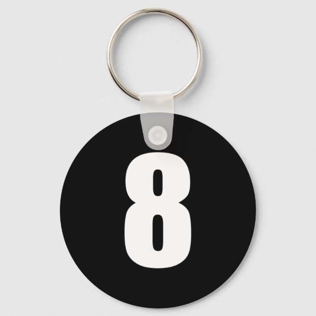number 8 in white on black button keychain (Front)