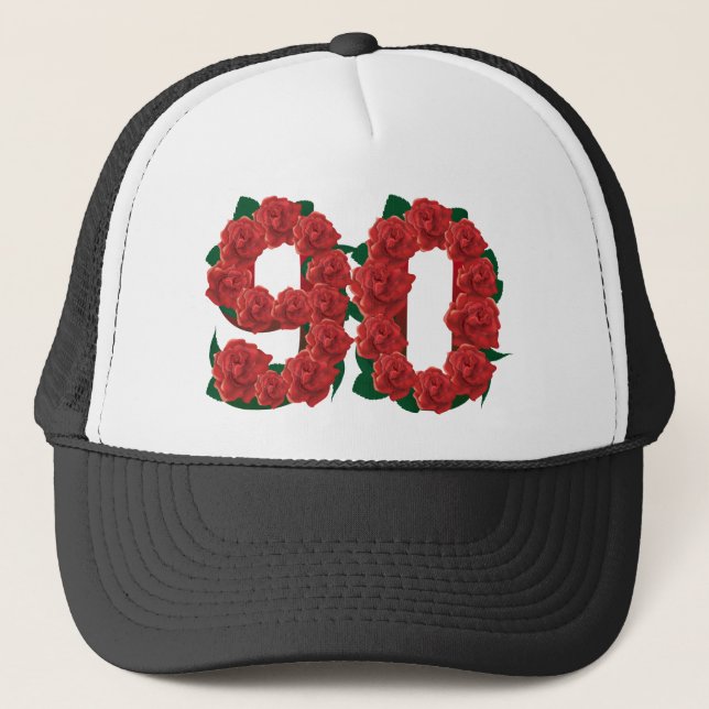 Number 90 or 90th birthday red roses trucker hat (Front)