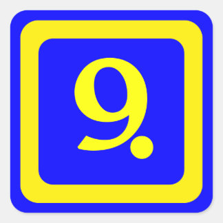 number 9, blue background, yellow frame square sticker