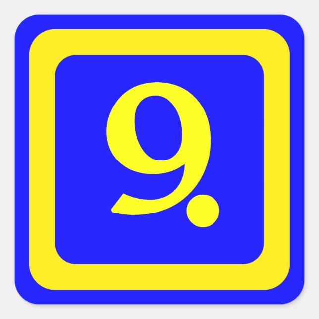 number 9, blue background, yellow frame square sticker (Front)
