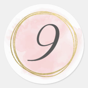 Number 9 Nine Monogram Blush Pink Watercolor Gold Classic Round Sticker