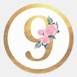 Number 9 Nine Pink Roses Floral & Elegant Gold Classic Round Sticker