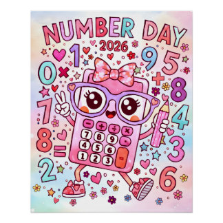 Number Day 2026 Cute Pink Calculator Math Design Poster