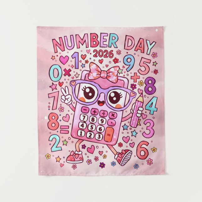 Number Day 2026 Cute Pink Maths Calculator Poster Tapestry (Front)